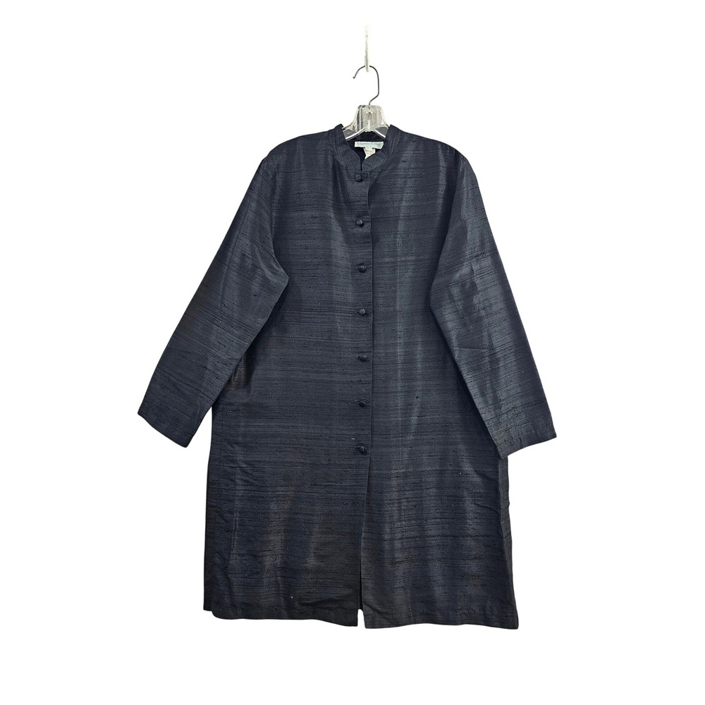 Charlotte Kellogg Tunic Womens L Black Solid 100% Raw Silk Mandarin Collar Top